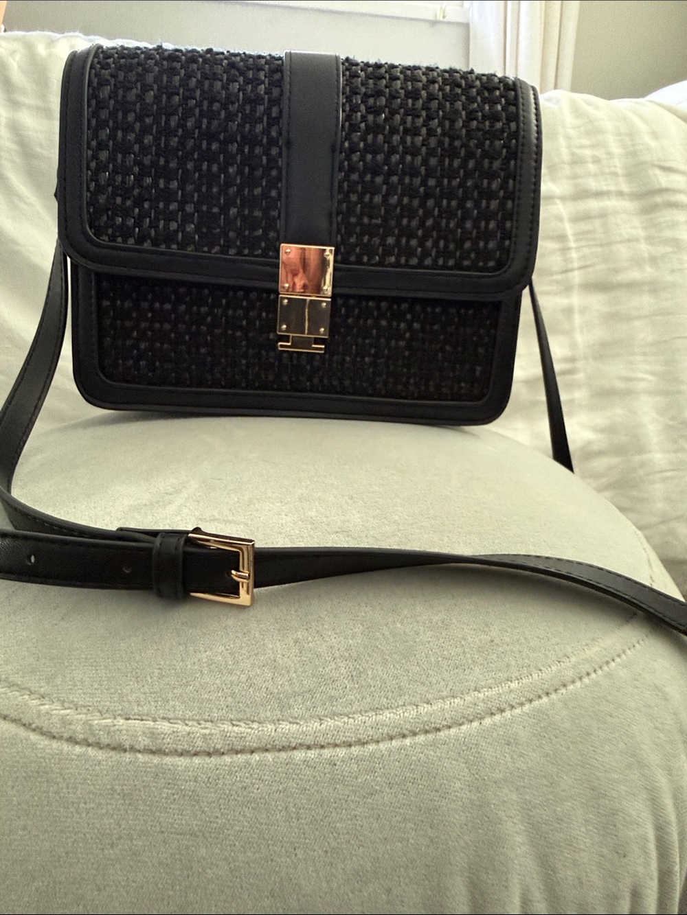 H&M Black Woven Crossbody Bag with Gold Hardware